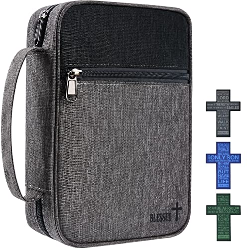 Bible Cover Case with Scripture Book Case Church Bag with 3 Cross Bookmarks Protective with Handle, Zipper and Pockets for Men 10x7.5x2.5" Fits Standard Size Bible 9.6"x7.5"x2.5", Black