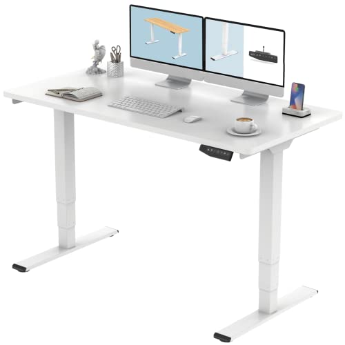 FLEXISPOT Pro 3 Stages Dual Motor Electric Standing Desk 55x28 Inches Whole-Piece Desk Board Height Adjustable Desk Electric Stand Up Desk Sit Stand Desk(White Frame + White Desktop)