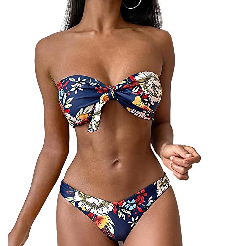 ZAFUL Women's Floral Print Bandeau Bikini Set High Cut Strapless Knot Front Swimsuit Sexy Bathing Suit Lapis Blue M