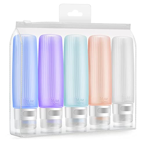 Travel Bottles for Toiletries, 3 OZ Tsa Approved Travel Size Containers, Silicone Leak Proof BPA Free Squeezable Travel Essentials for Shampoo, Conditioner,Lotion,Cosmetic on Travel,Vacation ( 5 Pack)