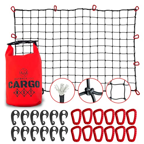 Outback Pro 4'x6' Cargo Net, 24-pc Hooks (12 Tactical PVC Polymer Carabiners + 12 PVC Roof Rack Hooks), Stretch to 8'x12', Tarp Storage Bag, Accessories for Pickup Truck Bed, Trailer, Car, SUV, Camper