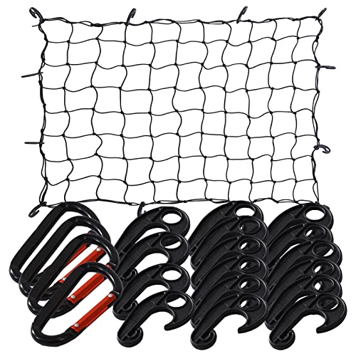 47"x 36" Cargo net Bungee Nets Stretches to 80"x 60",Small Truck Bed Cargo Net for Cars SUVs,16 Adjustable Hooks, 4 Metal Carabiners-Adaptable to Pickup Truck Bed and SUV Rooftop Travel Luggage Rack