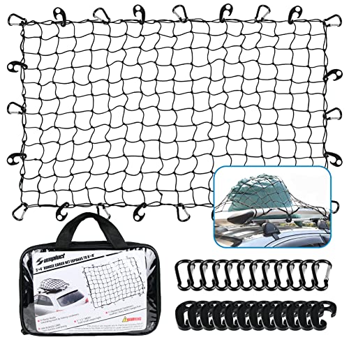 Pickup Truck Bed Cargo Net - 3'x4' Stretches to 6'x8' Heavy Duty Cargo Net for SUV, Small 4"x4" Mesh Latex Bungee Cargo Net, Compatible with Roof Rack, Car, Travel, RV, Ford, Dodge RAM, Chevy, Toyota