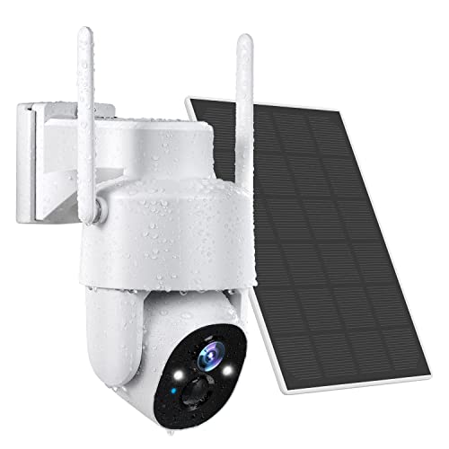 Solar Security Cameras Wireless Outdoor, Pan-Tilt 2K Outdoor Camera Wireless, 3MP Color Night Vision, 2-Way Talk, Motion Detection, Spotlight/Siren, IP65, Cloud/SD WiFi 360PTZ Battery Powered Camera
