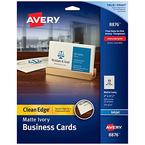 Avery Printable Business Cards, Inkjet Printers, 200 Cards, 2 x 3.5, Clean Edge, Heavyweight, Ivory (8876)