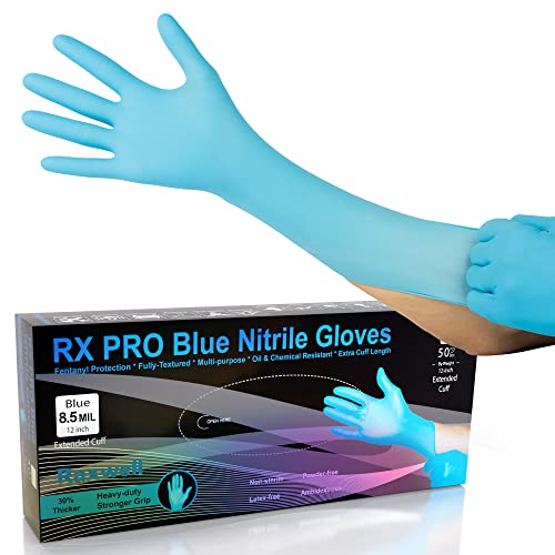 Disposable Blue Extended Cuff Nitrile Gloves Medium | Raxwell 8.5-mil Heavy Duty Nitrile Examination Gloves | 50 Count Fully Textured, Latex Free & Powder Free | Food Grade, Food Safe & Puncture Resistant | Good for Veterinarian, Medical, & Cleaning