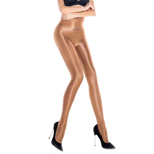 Women's Sheer Reflective Shiny Silk Pantyhose 70D Flash Oil Bright Shaping Dance Stockings Tights-Brown