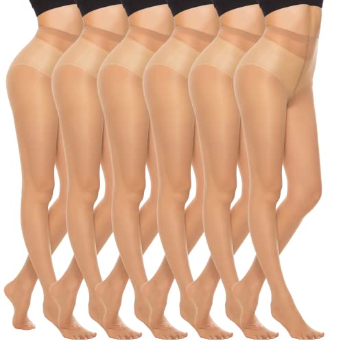 MANZI 6 Pairs 20D Women's Sheer Tights Ultra Thin High Waist Pantyhose Thigh High Stockings(Natural S)