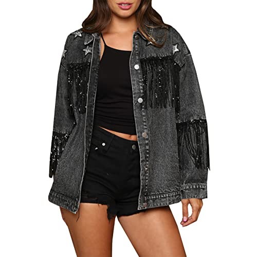 Womens Fringe Denim Jacket Long Sleeve Casual Rhinestones Tassel Embellished Stars Jean Coat