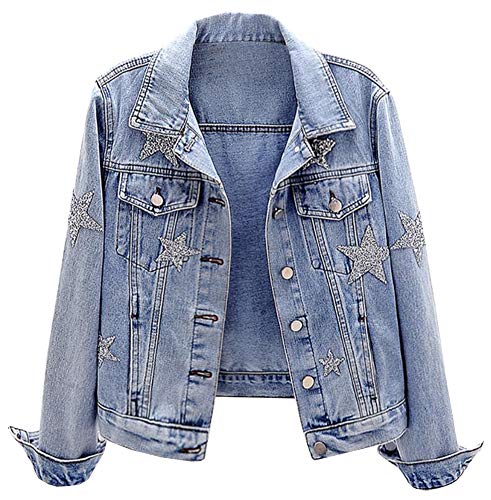 SCOFEEL Cropped Jean Jacket for Women Regular Fit Embellished Stars Denim Jacket Coat Light Blue, Large