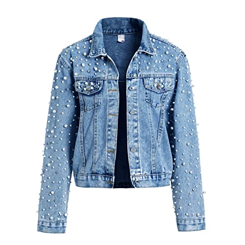 CYLADY Women's Pearl Denim Jacket Oversized Embellished Rhinestones Jean Jacket Outwear