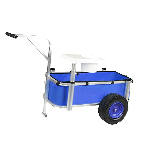 Beach Fishing Cart with Fish Food Bucket and 12" Wheels, Large Capacity, Aluminum Wagon-Rod Holders & Trolley,Multi-fuction (Blue)