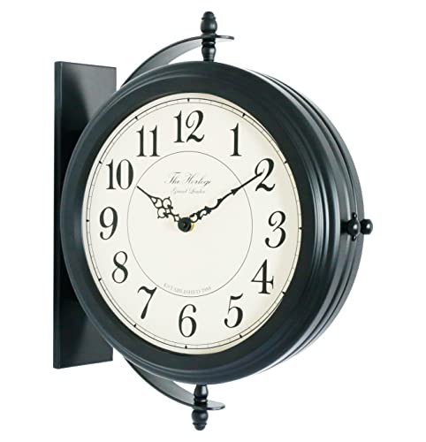 Bestime Black Finish 16inch Double Sided Wall Clock Wrought Iron, Metal, Sturdy Frame, Easy Read Two Faces Station Clock for Garden Home Dcor Indoor Outdoor Living Room Study Wall Decoration