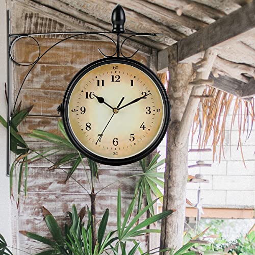 NEWIMAGE Outdoor Double Sided Clock 8inch Round Wall Hanging Double-Sided Station Clock Decorative Wrought Iron Wall Clock for Living Room Decor Home Porch Garden Patio Garage Indoors/Outdoors