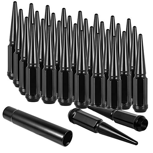 51 Black 1/2-20 Spike Lug Nuts, 32 PK Close-End 1/2 Spiked Wheel Lug Nuts of HEX 19mm (3/4'') 4.4'' Tall Conical Seat with One Lug Nut Key/Socket