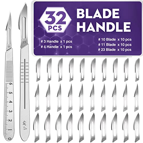 32PCS 30 Scalpel Blades with #10#11#23 Scalpels Surgical Sterile Blades Including Two Handle,Laboratory Blade-Lab Knives- Carving Blades with Handle-Art Blades Practicing Cutting-Crafts & More