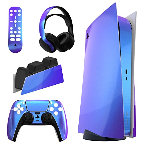 PlayVital Chrome Purple Blue Glossy Full Set Skin Decal for ps5 Console Disc Edition, Sticker for ps5 Vinyl Decal Cover for ps5 Controller & Charging Station & Headset & Media Remote