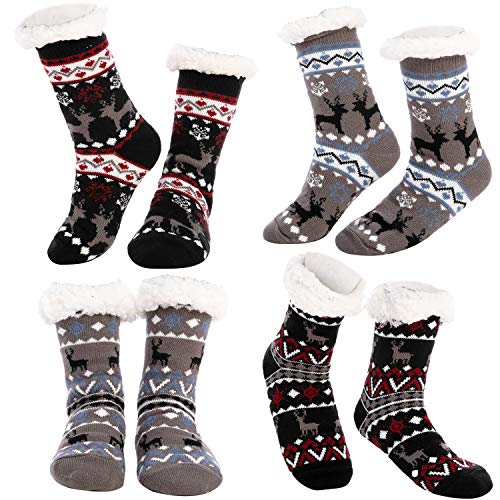 JOYIN 4 Packs Soft Premium Fleece Crew Socks Deer Patterns for Fleece Lining Fuzzy Soft Slipper Socks for Winter Christmas, Holiday or Birthday Gift