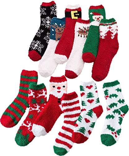 Gellwhu Christmas Fuzzy Socks for Women Girls Gifts Cute Fun Cozy Fluffy Winter Warm Slipper Xmas Holiday Socks (Womens:onesize 5-10, 12 Pairs in 12 partterns)