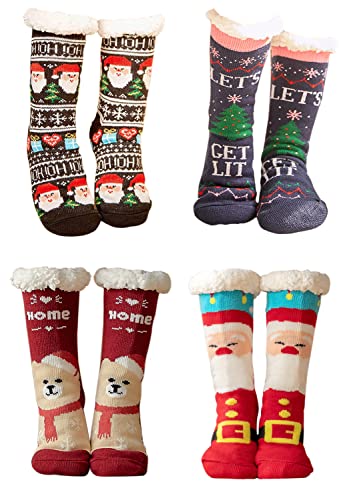 Gellwhu 4 Pairs Christmas Fuzzy Slipper Socks Gifts for Women Sherpa Lined Thick Warm Non-slip Holiday Socks w/Grippers