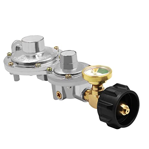 Vertical Two Stage Propane Regulator with QCC1 and Gauge, 2 Stage Propane Regulator Standard 3/8 Female NPT Connection, Double Stage Regulator for Propane Tank, Gas Grill, RV, Propane Heater