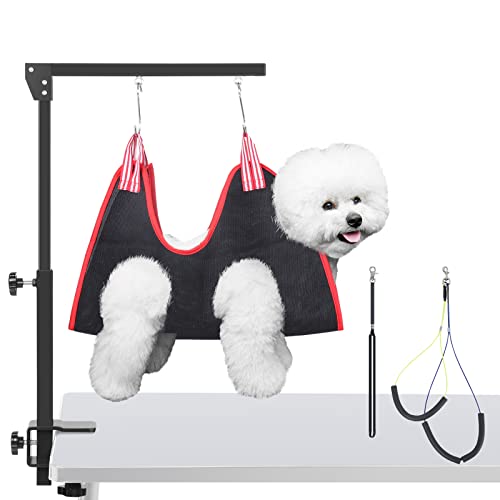 HIDOG Dog Grooming Arm with Clamp, Adjustable Dog Grooming Table Arm with Two No Sit Haunch Holder & Hammock Harness, Foldable Pet Grooming Supplies for Small Medium Dogs