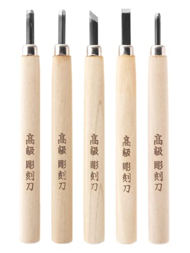 KAKURI Japanese Wood Carving Tools Set for Beginners (5 Pcs) Made in Japan, Wood Carving Knife for Woodblock Printing, Woodcut Printmaking, Linoleum Carving, Linocut