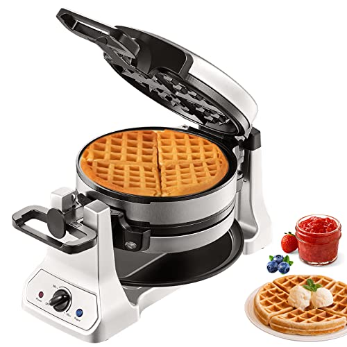 VEVOR 2-Layer Waffle Maker, 1400W Round Waffle Iron, Non-Stick Waffle Baker Machine with Browning Control, 180 Rotable Belgian Waffle Maker, Teflon-Coated Baking Pans, Stainless Steel Body, 120V