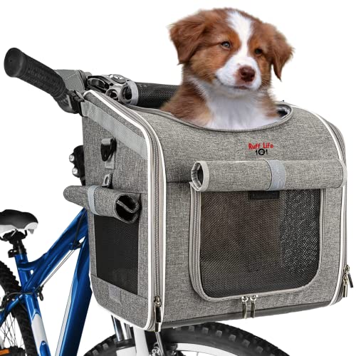 Dog Bike Basket, Expandable Soft-Sided Reflective Pet Carrier Backpack with 4 Open Doors, 4 Mesh Windows for Medium Small Dog Cat Puppies (Grey)