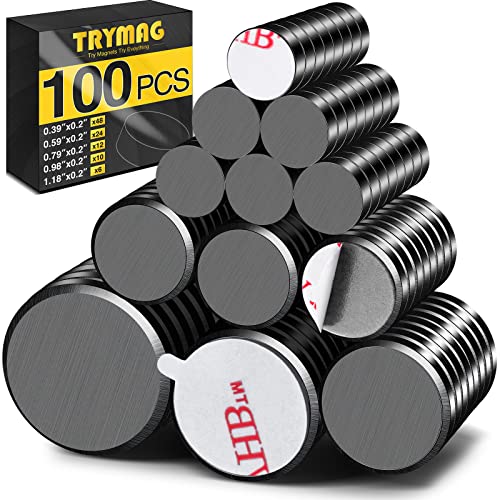 TRYMAG Magnets for Crafts, 5 Different Size, 100Pcs Strong Ceramic Magnets with Adhesive Backing for Crafts, Small Round Magnets Flat Ferrite Craft Circle Magnets for Refrigerator, Button, Hobbies