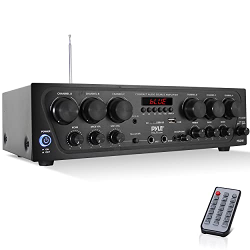 Pyle Wireless Bluetooth Karaoke-6 Channel 750 Watt Home Audio Sound Power Stereo Receiver Amplifier w/USB, Headphone, 2 Microphone Input w/Echo, Talkover for PA PTA62BT, AUX, Black