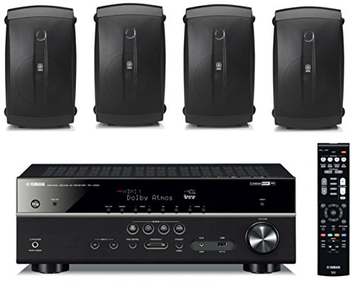 Yamaha 7.2-Channel Wireless Bluetooth 4K Network A/V Wi-Fi Home Theater Receiver + Yamaha High-Performance Natural Surround Sound 2-Way Indoor/Outdoor Weatherproof Speaker System (Set of 4)