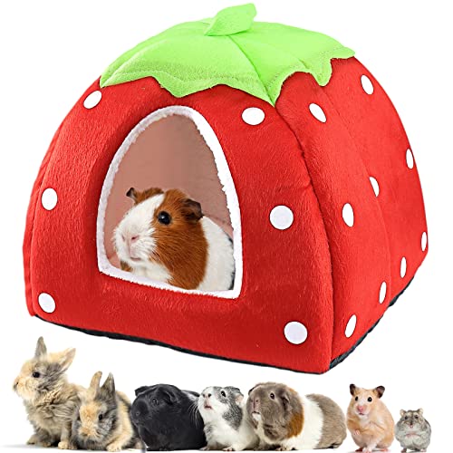 Mygeromon Guinea Pig Bed Rabbit Hideout Warm Fleece Cuddle Cup Washable Winter Sleeping House for Small Pet/Ferret/Chinchilla/Bunny (Strawberry Style)