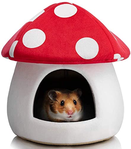 Hollypet Warm Small Pet Animals Bed Dutch Pig Hamster Nest Hedgehog Rat Chinchilla Guinea Habitat Mini House, Red Mushroom