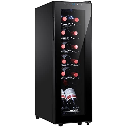 STAIGIS Mini Wine Fridge Freestanding, Wine Cooler Refrigerator 12 Bottle w/Digital Control, Countertop Mini Fridge for Red & White, Glass Door