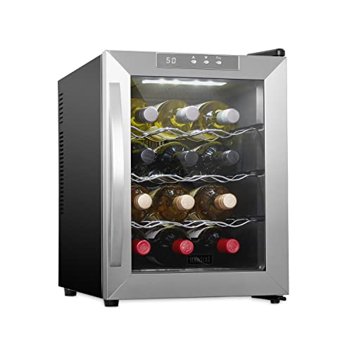 Schmck 12 Bottle Thermoelectric Wine Cooler/Chiller - Stainless Steel - Counter Top Red & White Wine Cellar w/Digital Temperature, Freestanding Refrigerator Smoked Glass Door Quiet Operation Fridge