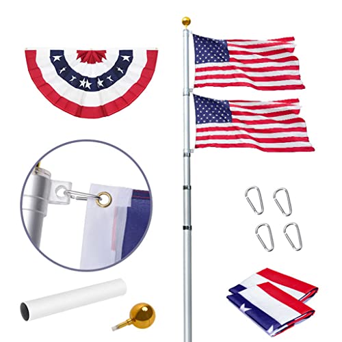 Telescoping Flag Pole 25ft Extra Thick, Outdoor Heavy Duty Inground Adjustable Flagpole with Golden Ball Top,Come with 3'x5' US American Flag and 3'x1.5' US Pleated Fan Flag Made in USA (25 FT)