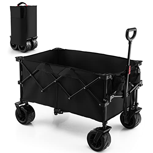 Goplus Collapsible Wagon Cart, Foldable Heavy Duty Utility Wagon with Adjustable Handle, Wide All Terrain Wheels, Cup Holder, Portable Garden Cart Beach Cart for Camping, Picnic (Black)