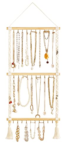 Dahey Hanging Jewelry Organizer Macrame Necklace Holder with 30 Hooks Wall Mounted Jewelry Hanger Over Door Necklace Rack with Tassel for Necklaces Bracelet Earrings Display Headband Bow Organizer