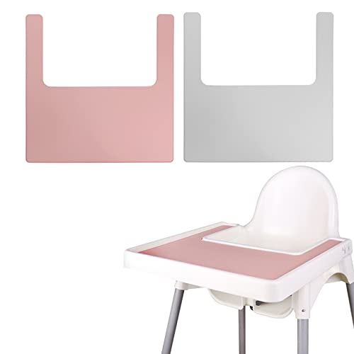 High Chair Placemat, Durable High Chair Placemat Silicone, 2-Piece Set, Can Be Used Interchangeably, Suitable for IKEA Antilop Highchai, for Toddlers and Babies (Pink/Grey)