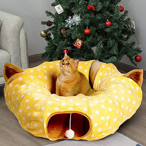 AUOON Cat Tunnel Bed with Central Mat,Big Tube Playground Toys,Soft Plush Material,Full Moon Shape for Kitten,Cat,Puppy,Rabbit,Ferret,Yellow