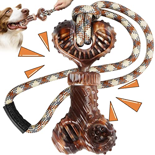 Yorpumly Dog Toys for Aggressive Chewers, Squeaky Durable Dog Toys, Indestructible Tough Dog Chew Toys with Real Bacon Flavored, Interactive Tug of War Toys for Medium/Large Breed Dogs (Brown)