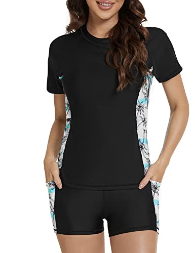 Tournesol Women's Rash Guard 2 Piece Short Sleeve Swim Shirt with Shorts Swimsuit with Bra Bathing Suit Plus Size with Pocket