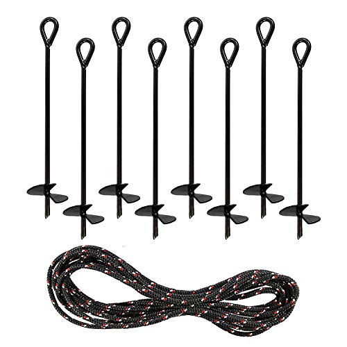 Yesland 8 Pack 15 Inch Black Ground Anchor, Reusable Heavy Duty Steel Wind Stakes, 3/8 Inch Thick in Diameter with 25 Feet of Rope