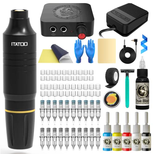 ITATOO Tattoo Kit Tattoo Gun for Beginners Cartridge Tattoo Machine Kit with Tattoo Inks Power Supply Tattoo Pen Kit WTK164(Black)