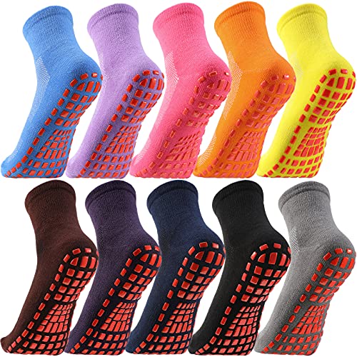 10 Pairs Non-slip Grip Socks Yoga Pilates Hospital Socks Cushioned Sole Grip Socks for Men Women Pilates Barre (Bright Colors)