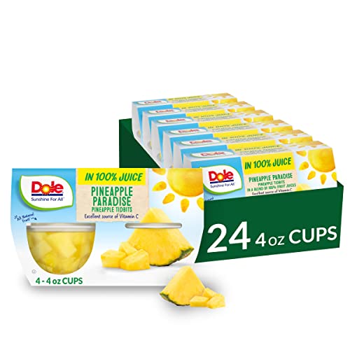 Dole Fruit Bowls Pineapple Tidbits in 100% Juice, Gluten Free Healthy Snack, 4 Oz, 24 Total Cups