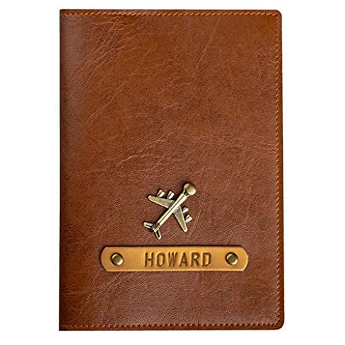 Personalized Passport Holder with Name and Charm, Custom Engraved Leather Passport Cover for Women and Men - Christmas Gifts for Travelers, Christmas, Honeymoon, Travel Gifts (Tan)