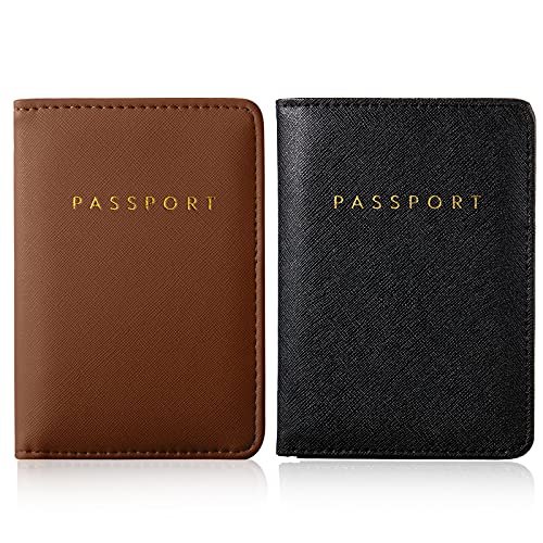 2 Pieces Bridal Passport Covers Holder Travel Wallet Passport Case (Brown and Black)
