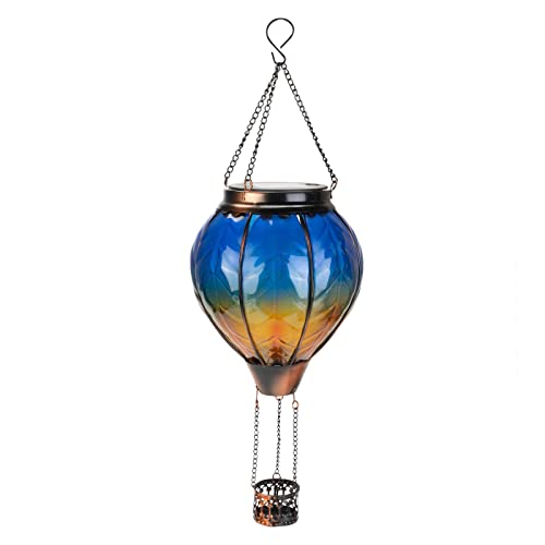 pearlstar Hot Air Balloon Solar Lantern with Flickering Flame Light, Outdoor Solar Hanging Lights Waterproof for Garden Yard Patio Farmhouse Decoration,Stained Glass Blue